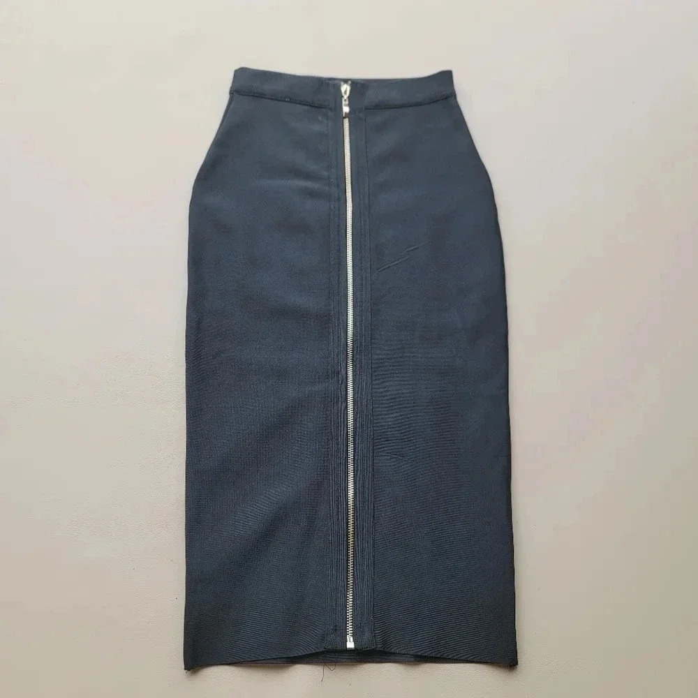 SUPERDOWN Junior Bandage Style Pencil Skirt Knit Casual Office Black Gold Zip XS